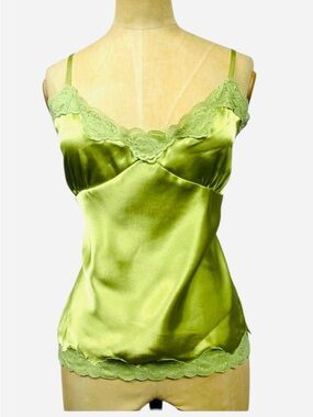 Axcess Satin Cami 10 Bright Chartreuse Green Y2K Fairy Blouse Lace Office Siren